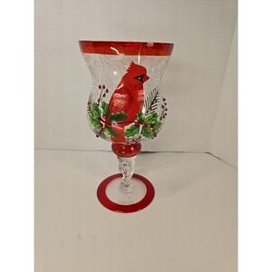 Hand-Painted Cardinal Crackle Glass Candle Holder 10 Inches Tall x 5 Inches Wide